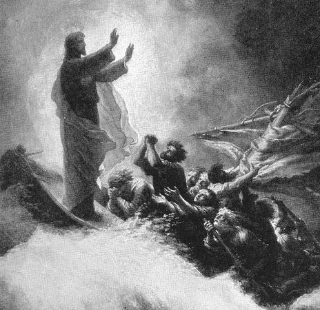 Jesus calms the sea saying “Peace, be still” Mark 4:39